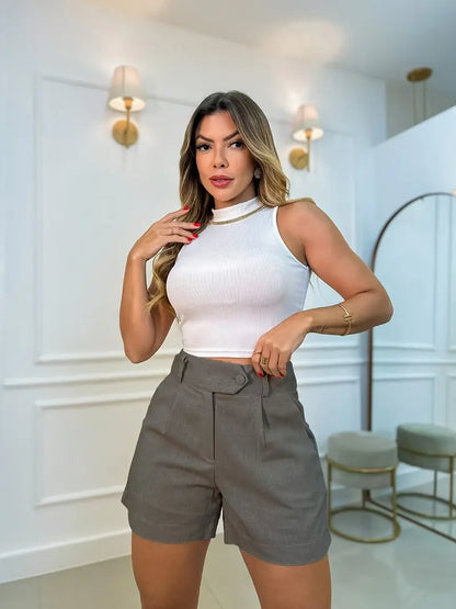 Annora – Lässige Kurze Mit Hoher Taille Und Knopf